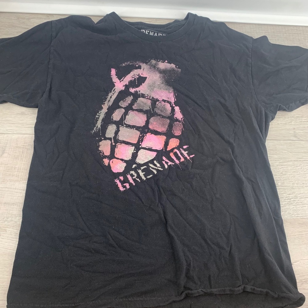 Grenade Gloves Mens Large Black Pink Galaxy Graphic T-Shirt Short Sleeve Cotton